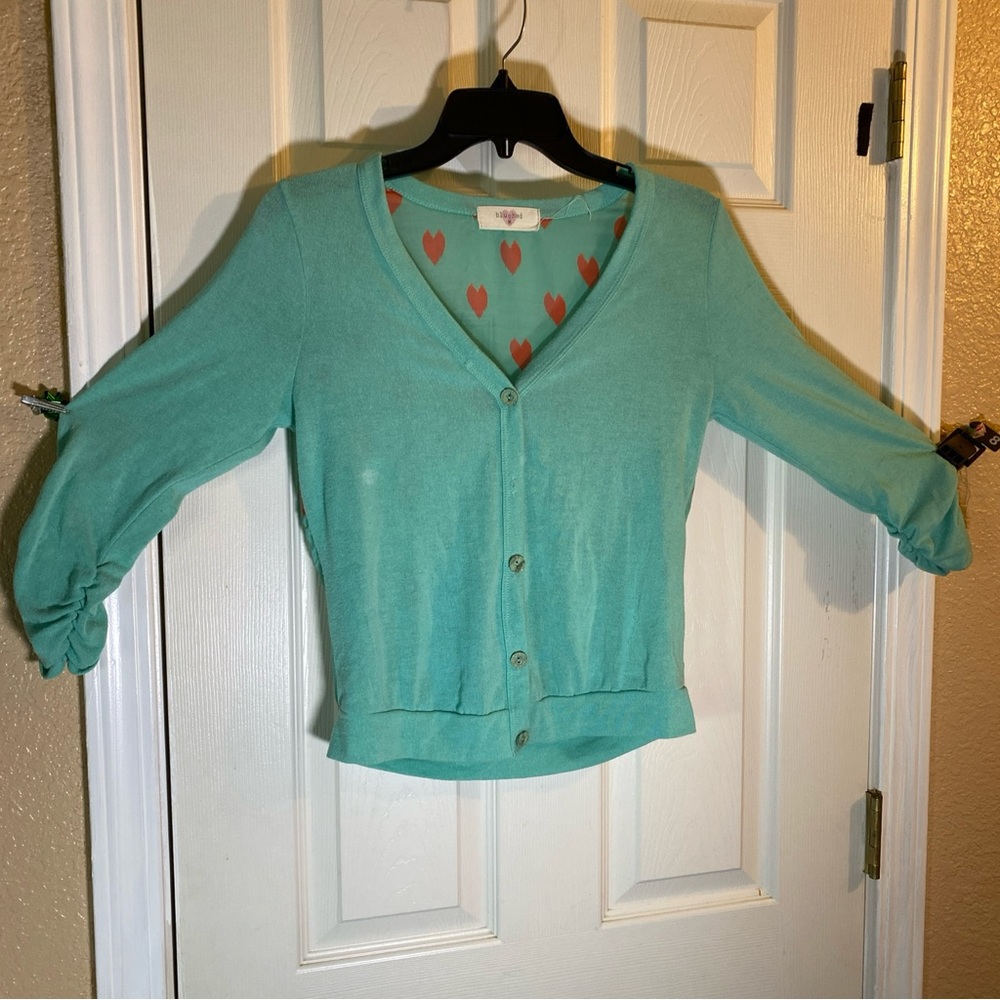 Blushed Women M MEDIUM Cardigan Sweater HEARTS Sheer Back (Stained/Button Gone)
